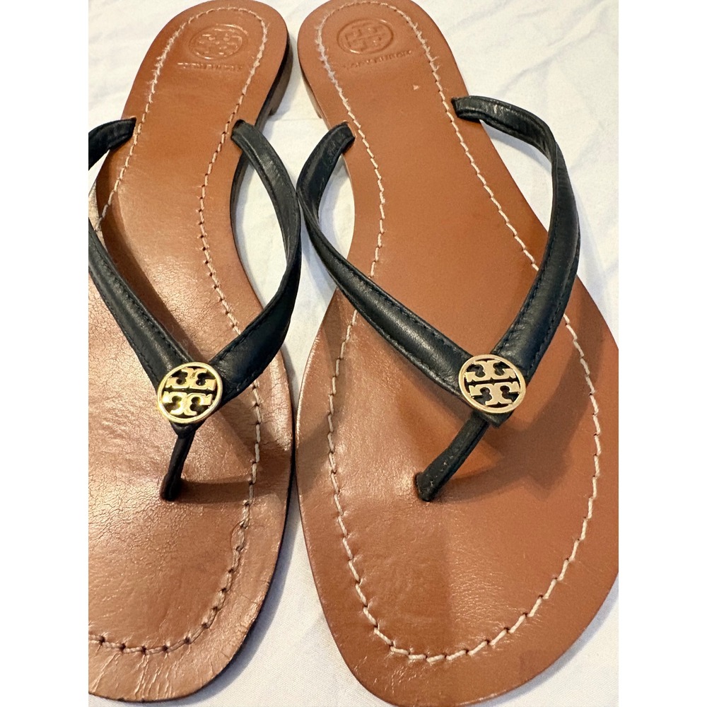 Tory Burch Emmy Black Tan Leather Logo Thong Sandals Flip Flops 10M 55300 - Picture 2 of 6